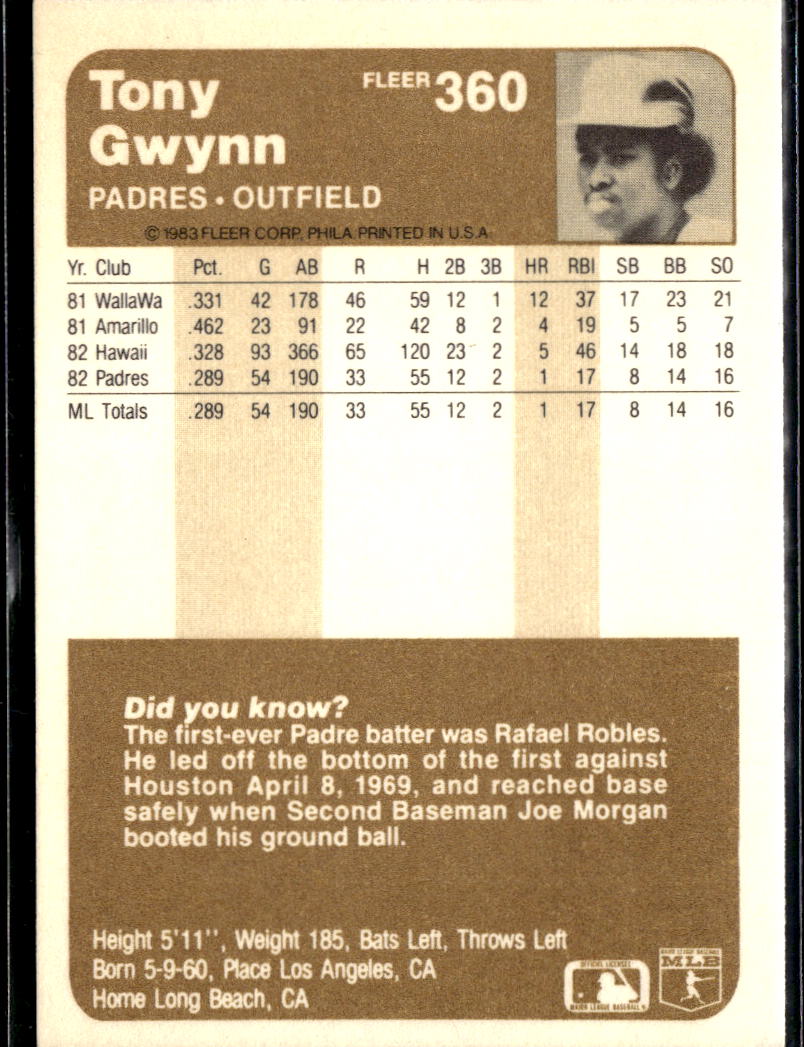 Tony Gwynn 1983 Fleer Rookie Card RC #360 San Diego Padres