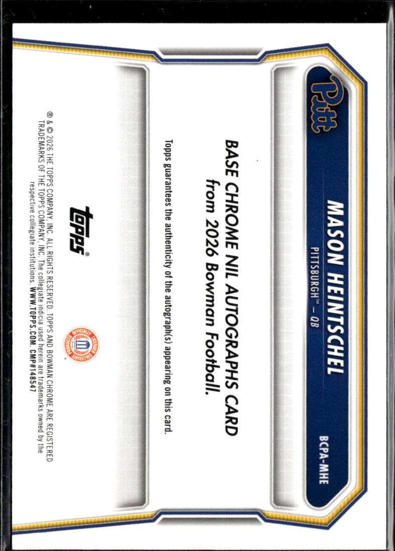 Mason Heintschel 2026 Bowman Chrome 1st Auto Autograph GOLD 5/50 Pittsburgh