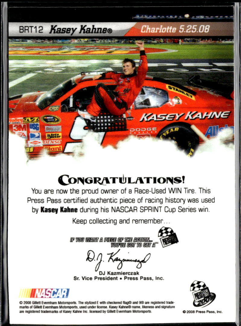 Kasey Kahne 2008 Press Pass Burning Rubber Race-Used WIN Tire /250 Gillett