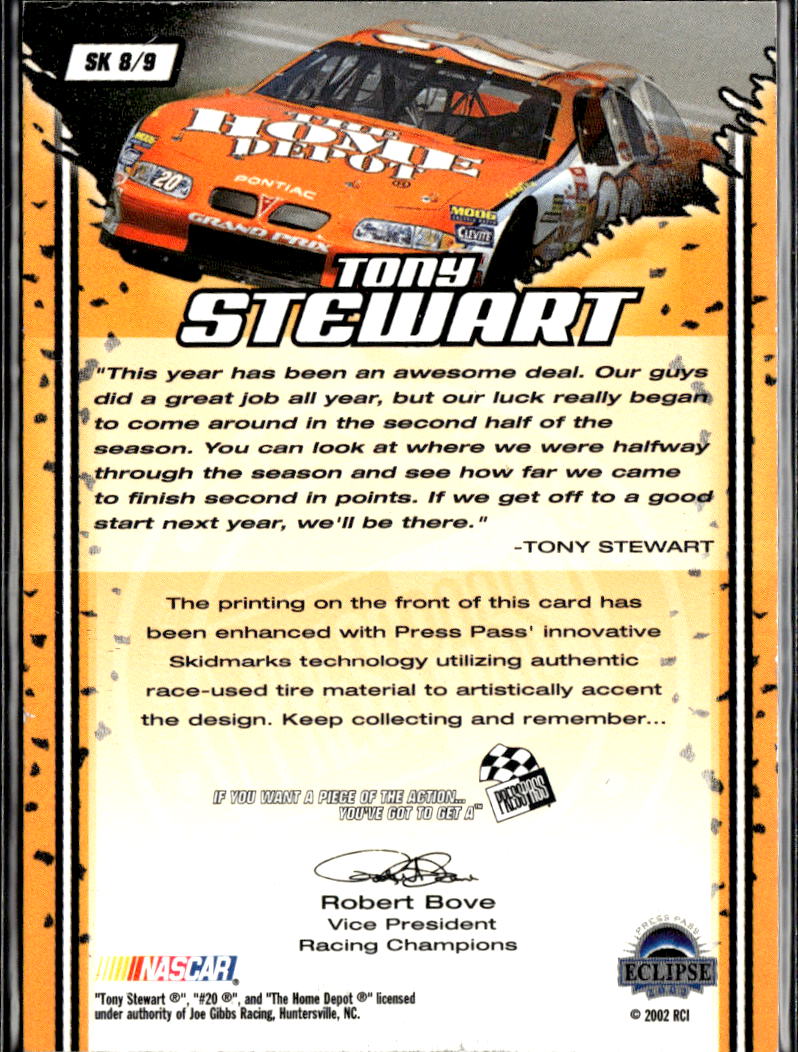 Tony Stewart 2002 Press Pass Eclipse Skidmarks Joe Gibbs Racing