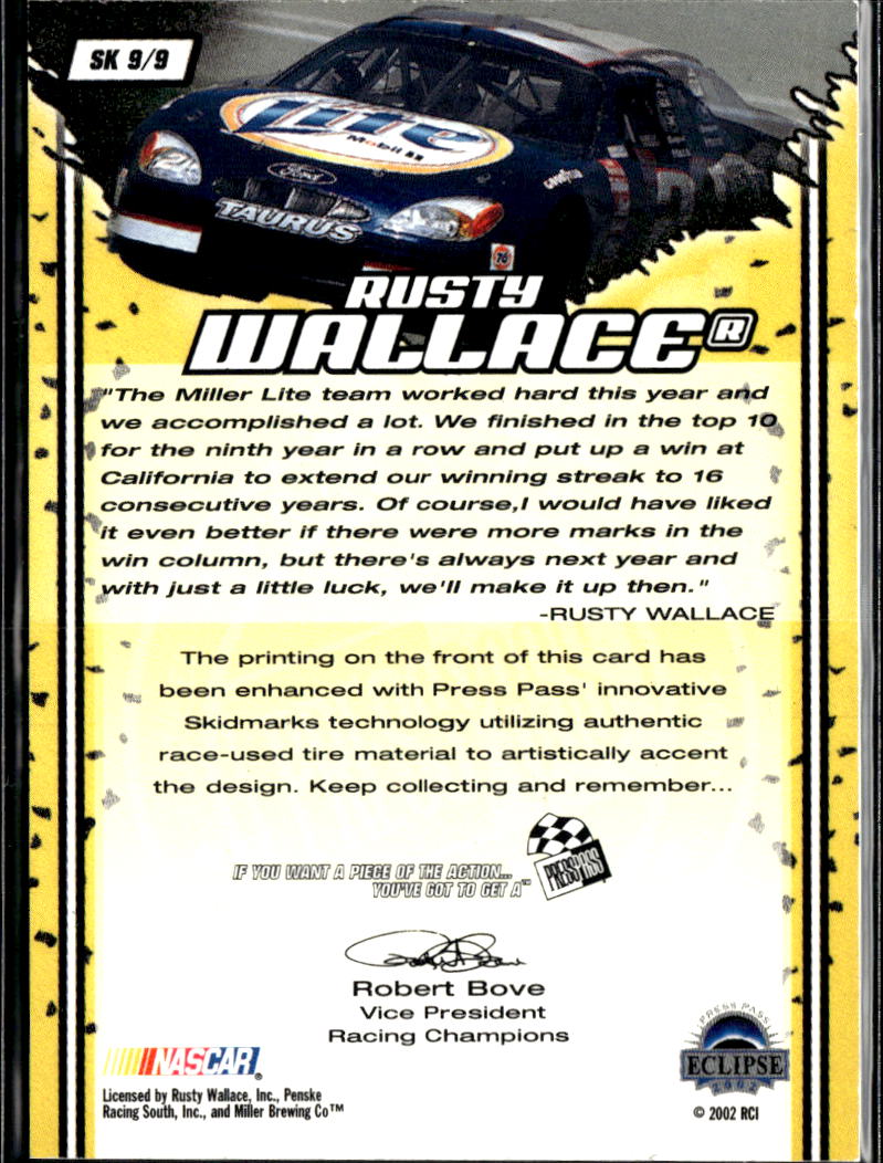 Rusty Wallace 2002 Press Pass Eclipse Skidmarks Race-used Tire
