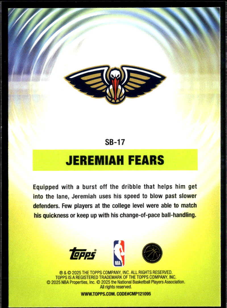 Jeremiah Fears 2025 Topps Sonic Boom SSP Rookie RC New Orleans Pelicans