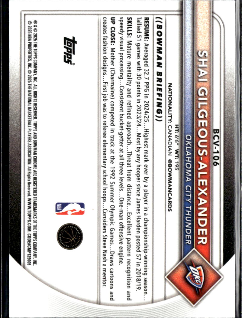 Shai Gilgeous-Alexander 2025 Bowman Chrome Raywave 107/399 Oklahoma City Thunder