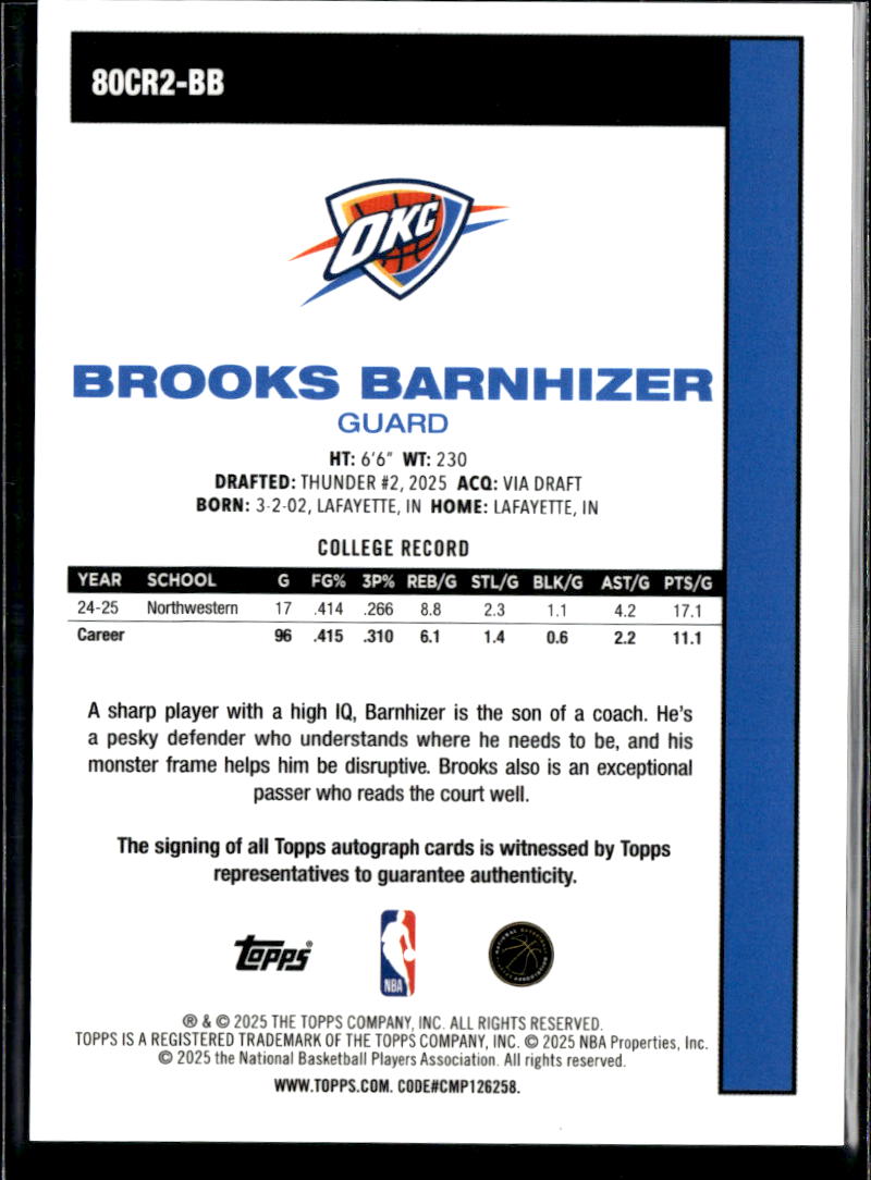 Brooks Barnhizer 2025 Topps Chrome '80 GOLD Auto Autograph RC /50 OKC Thunder