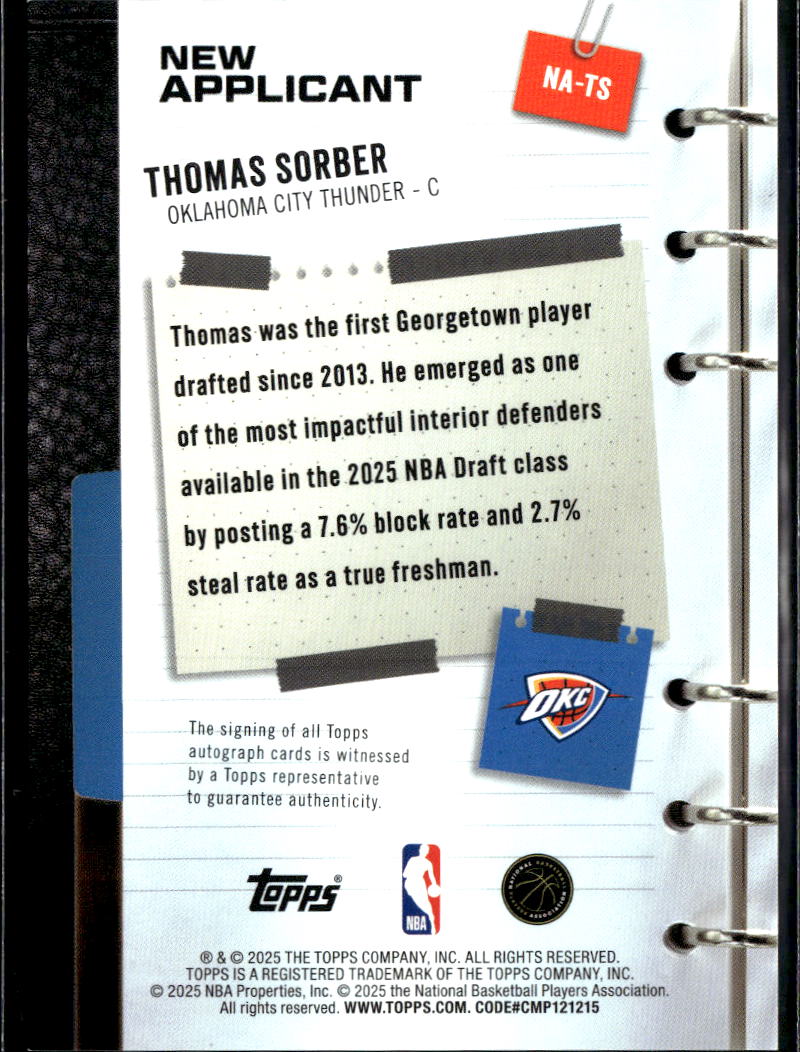Thomas Sorber 2025 Topps New Applicant Auto Autograph RC 4/99 OKC Thunder