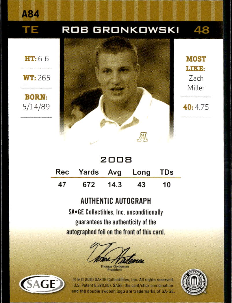 Rob Gronkowski 2010 SAGE HIT Auto Autograph Rookie New England Patriots Arizona