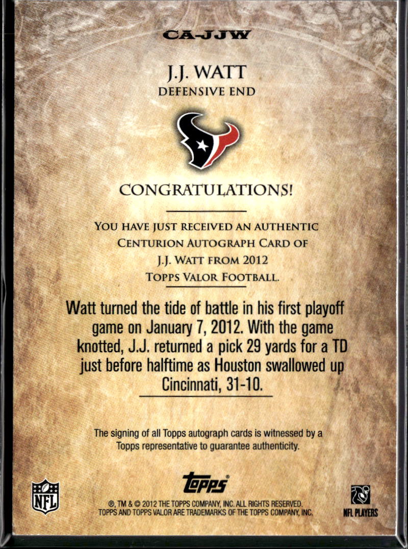 J.J. Watt 2012 Topps Valor Auto Autograph 252/304 Houston Texans
