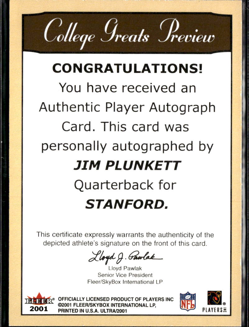 Jim Plunkett 2001 Fleer Ultra Auto Autograph Stanford Cardinal