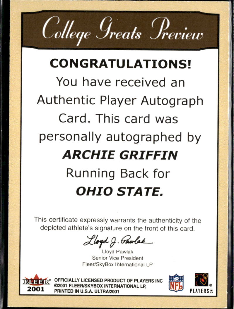 Archie Griffin 2001 Fleer Ultra Auto College Greats Auto Autograph Ohio State