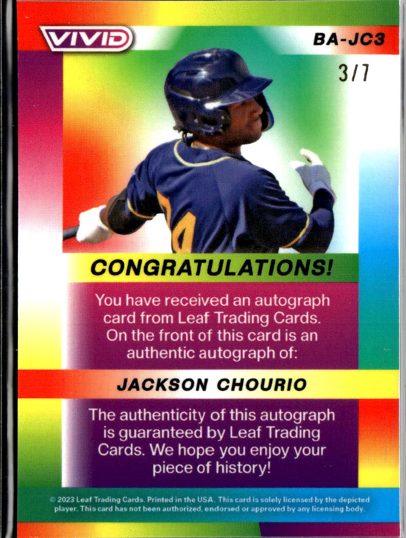 Jackson Chourio 2023 Leaf Vivid Auto Autograph Rookie RC Brewers 3/7