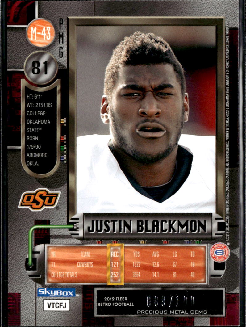 Justin Blackmon 2013 Fleer Retro Precious Metal Gems Red 89/100 Oklahoma State