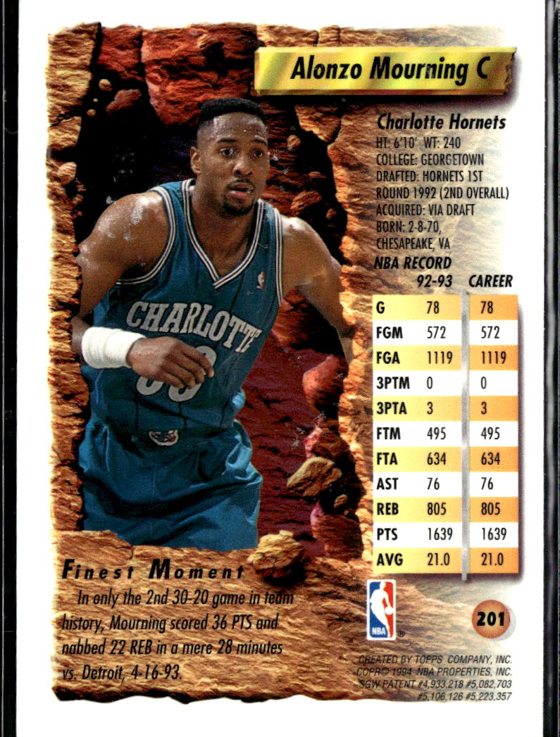 Alonzo Mourning 1993-94 Topps Finest #201 Charlotte Hornets