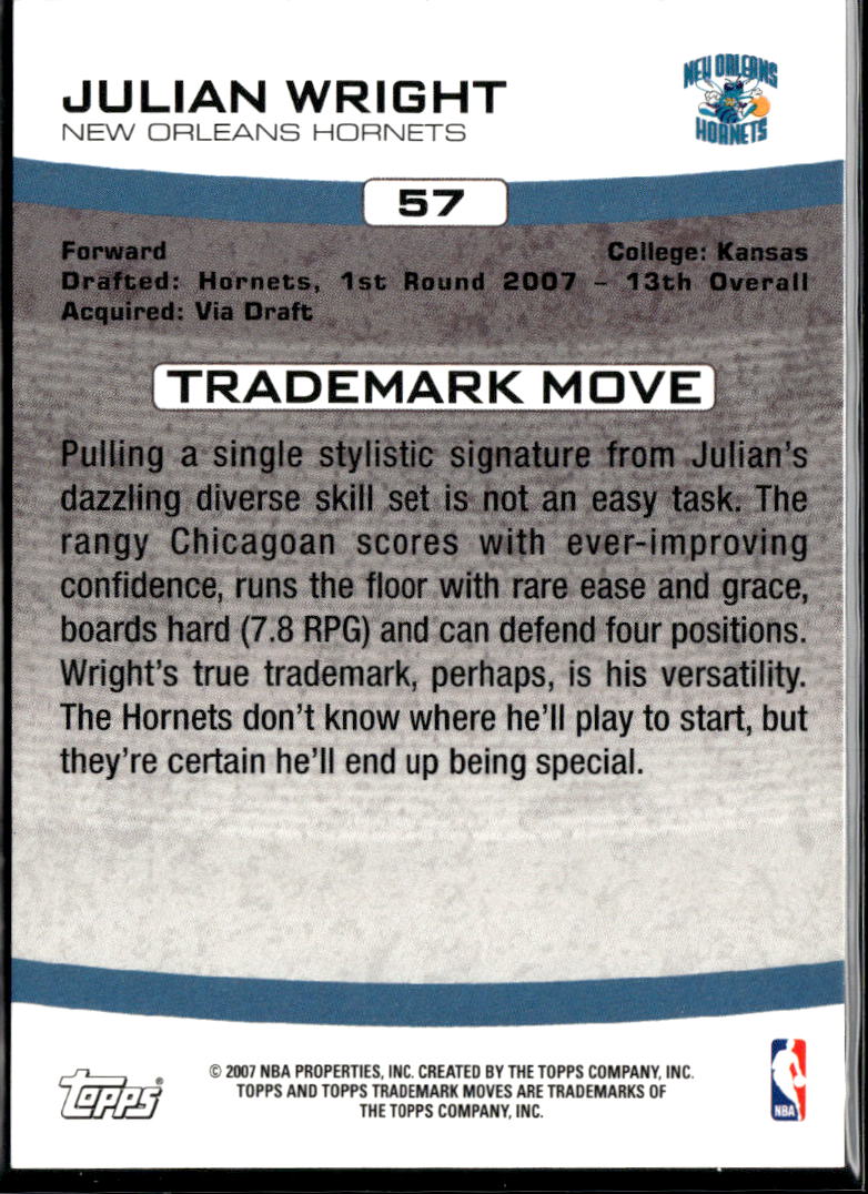Julian Wright 2007 Topps Trademark Moves RC 885/1999 New Orleans Hornets