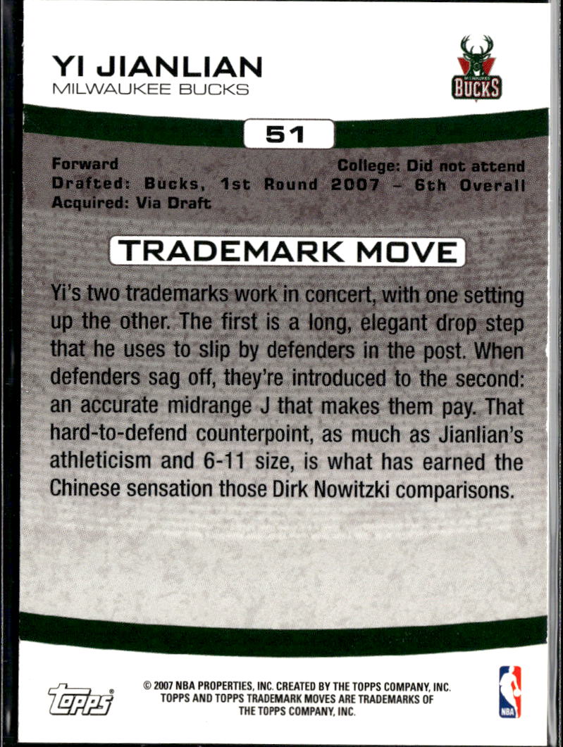 Yi Jianlian 2007 Topps Trademark Moves RC 1215/1999 Milwaukee Bucks