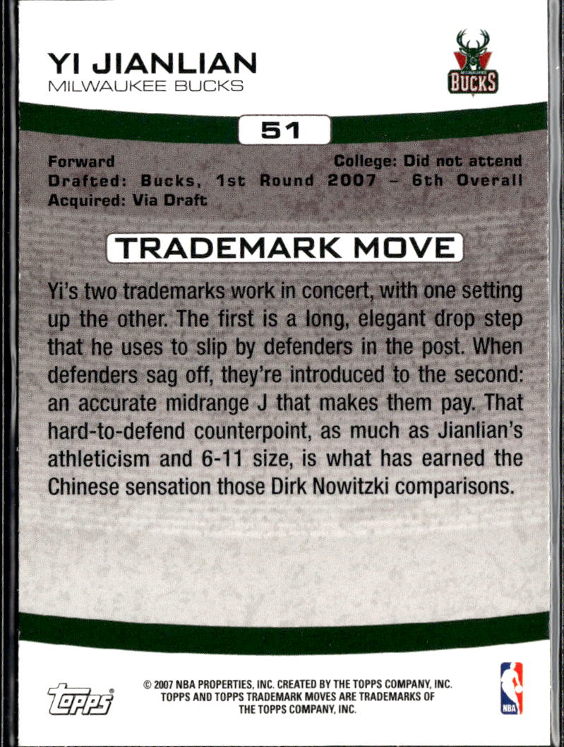 Yi Jianlian 2007 Topps Trademark Moves RC 1173/1999 Milwaukee Bucks