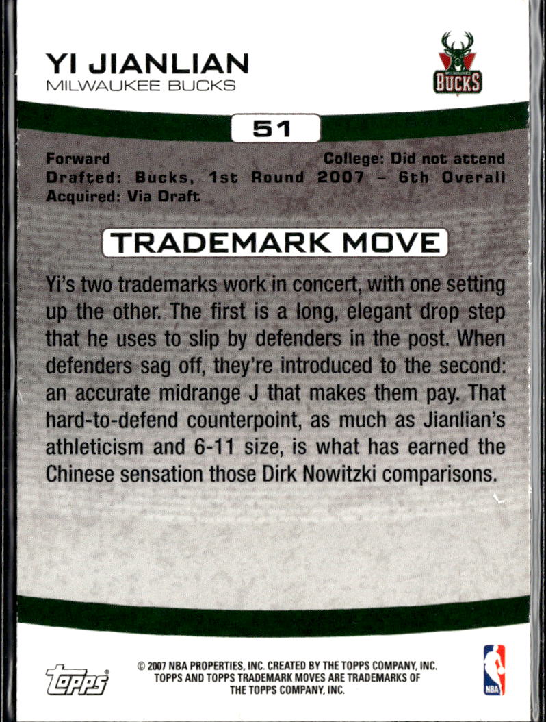 Yi Jianlian 2007 Topps Trademark Moves RC 1214/1999 Milwaukee Bucks