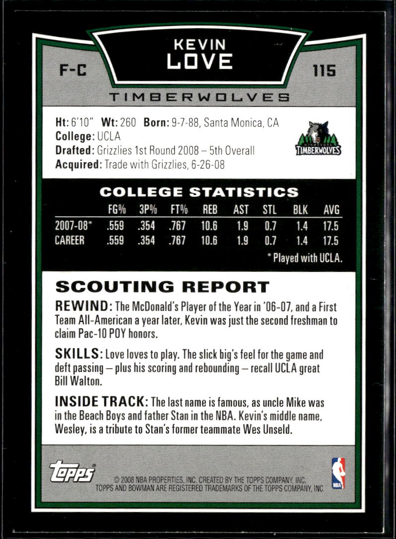 Kevin Love 2008-09 Bowman Rookie RC Minnesota Timberwolves