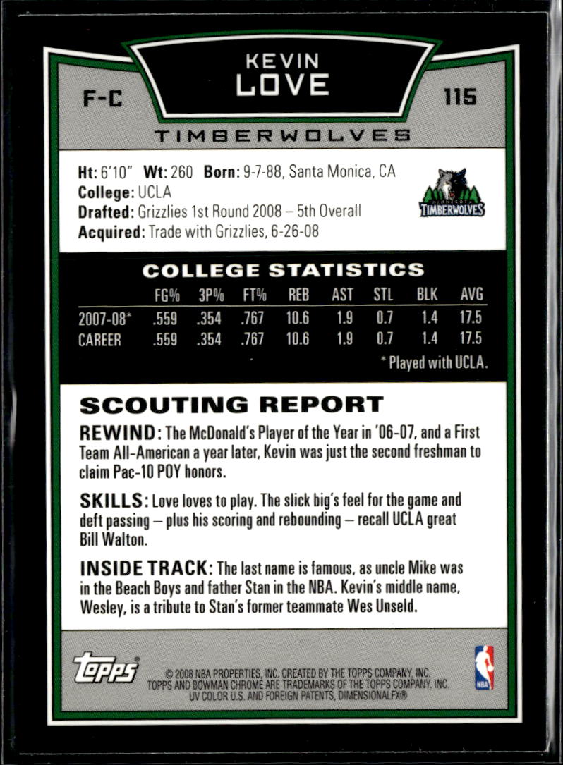 Kevin Love 2008-09 Bowman Chrome Rookie Card Minnesota Timberwolves