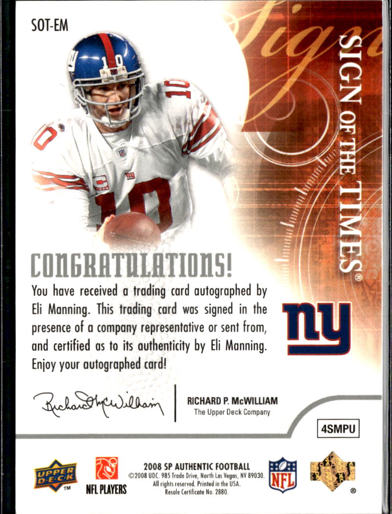 Eli Manning 2008 Upper Deck SP Authentic Auto Autograph New York Giants