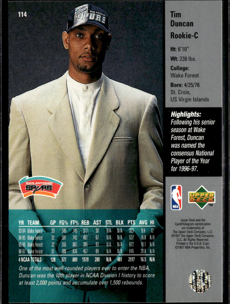 Tim Duncan 1997 Upper Deck Rookie RC #114 San Antonio Spurs