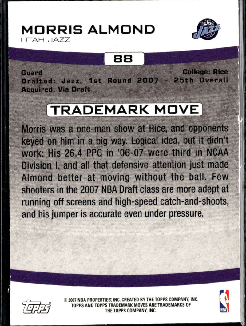 Morris Almond 2007 Topps Trademark Moves RC 1750/1999 Utah Jazz