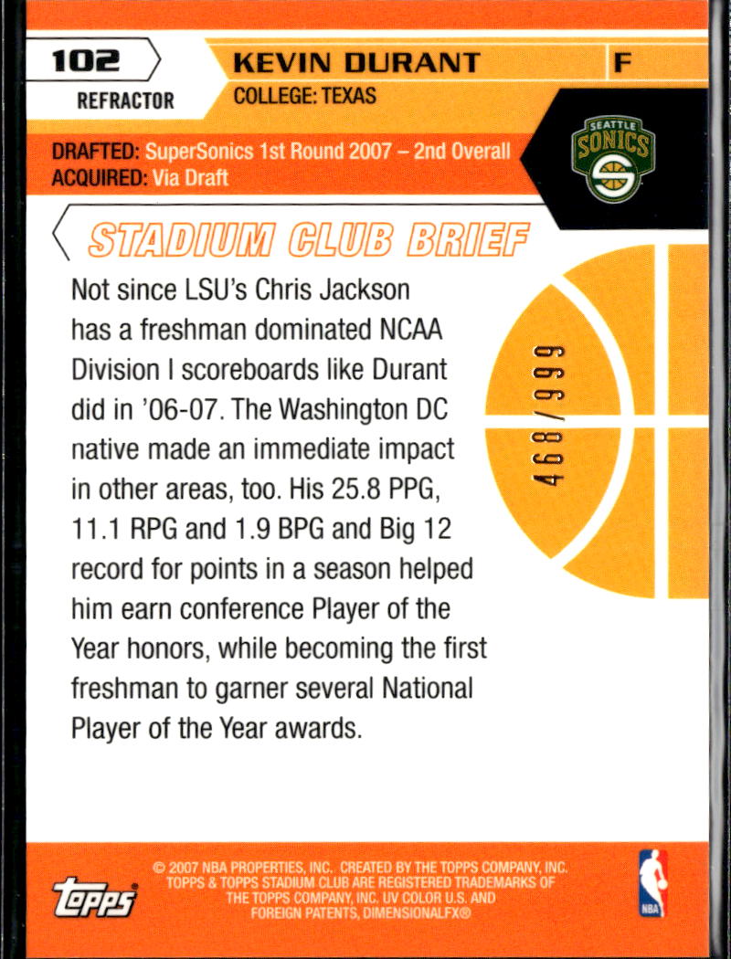Kevin Durant 2007 Topps Stadium Club Refractor Rookie RC 468/999 SuperSonics