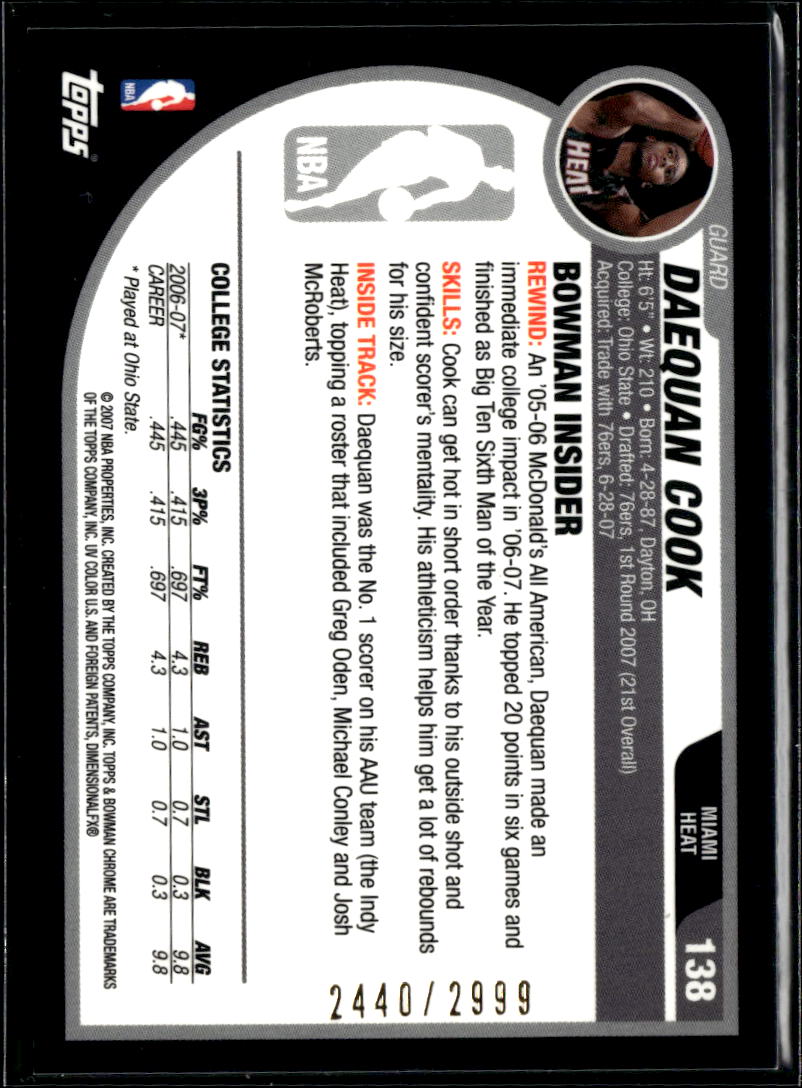 Daequan Cook 2007-08 Bowman Chrome Rookie RC 2440/2999 Miami Heat