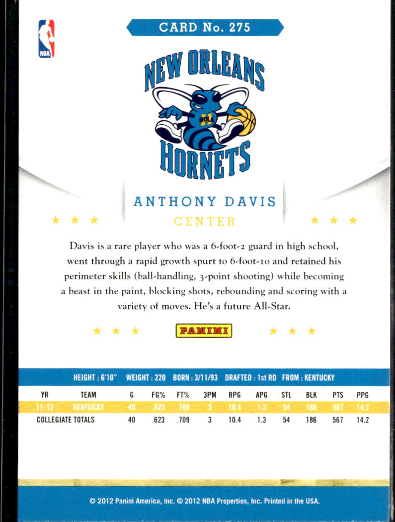 Anthony Davis 2012 Panini NBA Hoops New Orleans Hornets