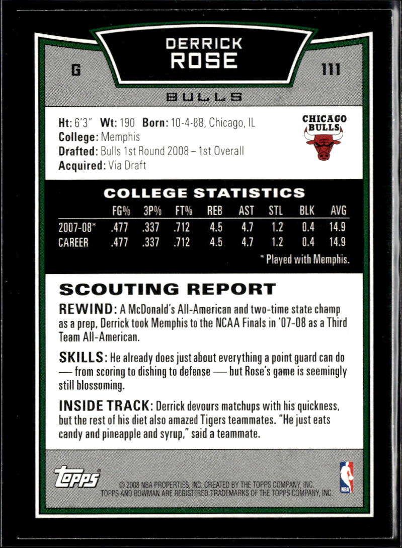 Derrick Rose 2008-09 Bowman Rookie RC #111 Chicago Bulls