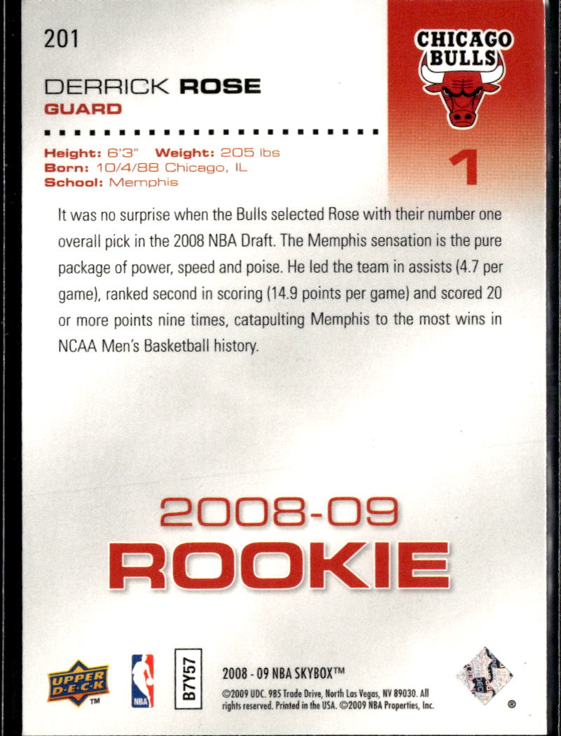 Derrick Rose 2008-09 SkyBox Rookie RC #201 Chicago Bulls