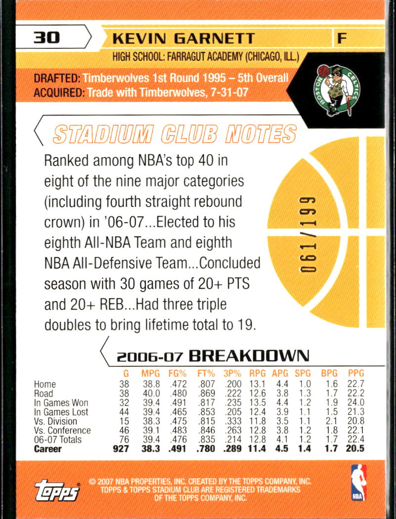 Kevin Garnett 2006 Topps Stadium Club Photographer's Proof 61/199 Boston Celtics