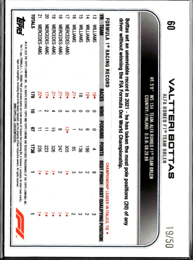 Valtteri Bottas 2021 Topps Chrome Formula 1 Gold Checker Flag Refractor /50