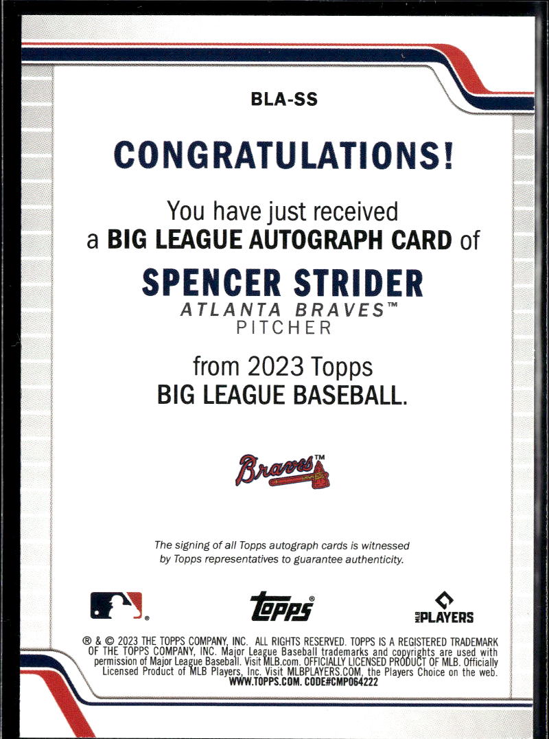 Spencer Strider 2023 Topps Big League Auto Autograph Orange 17/25 Atlanta Braves