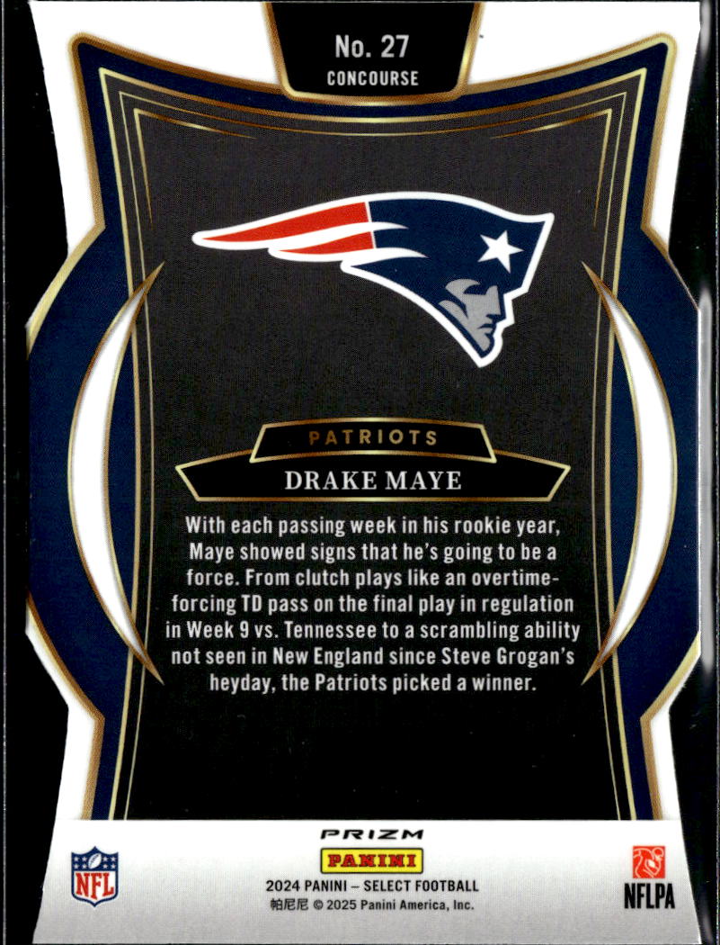 Drake Maye 2024 Select Silver Prizm Die-Cut Rookie RC New England Patriots