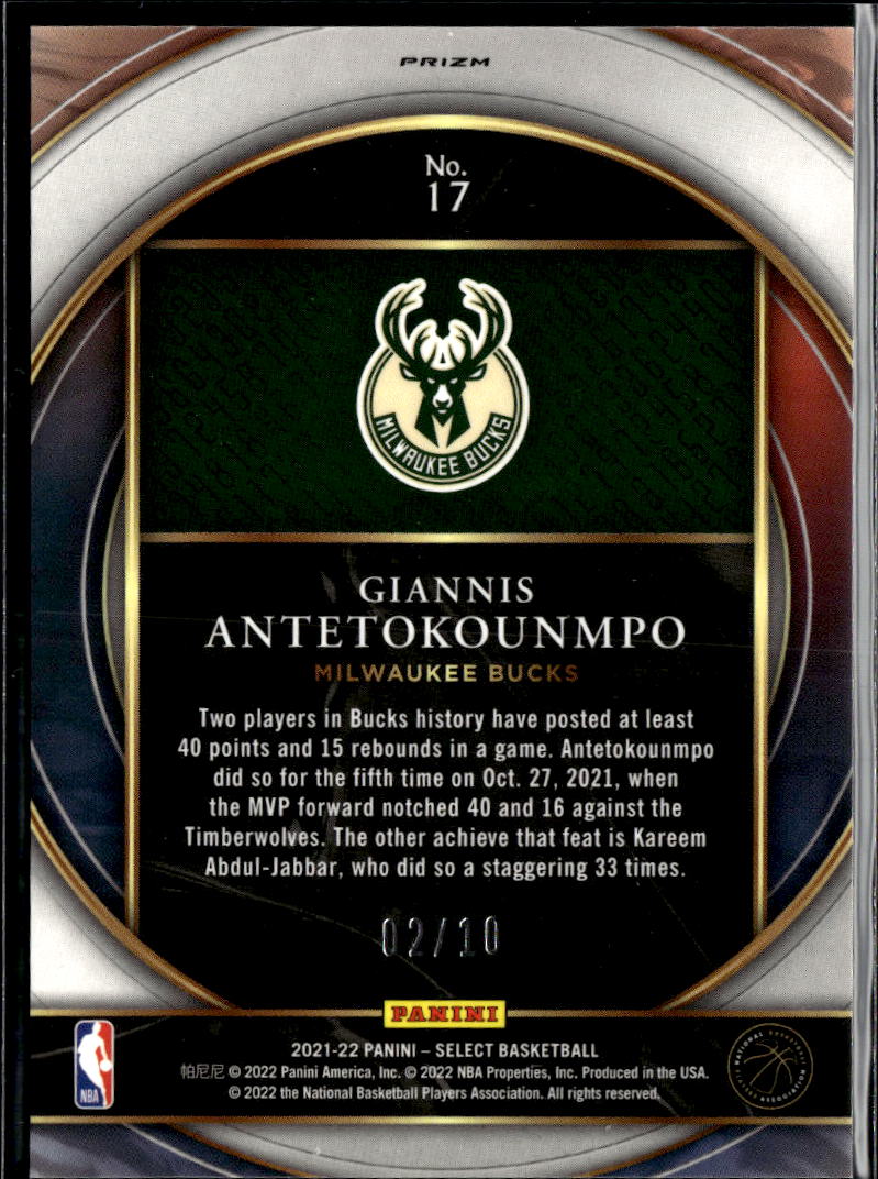 Giannis Antetokounmpo 2021-22 Select GOLD Prizm Numbers 2/10 Milwaukee Bucks