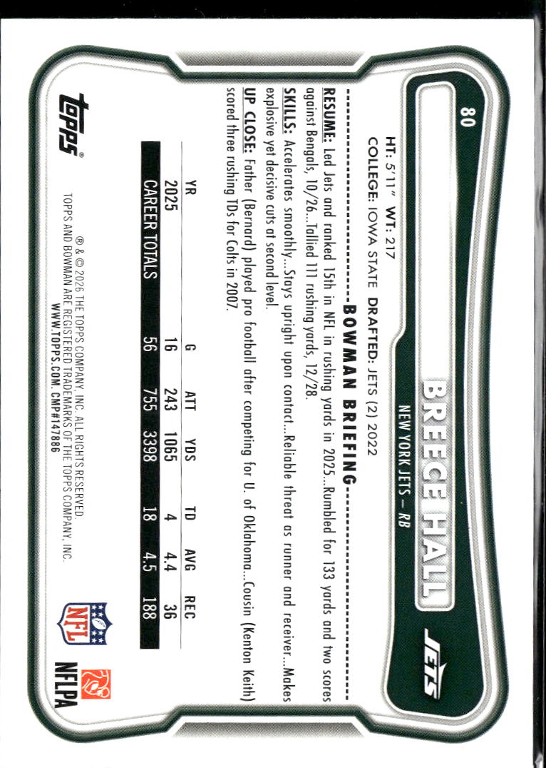 Breece Hall 2026 Bowman Aqua 28/199 New York Jets