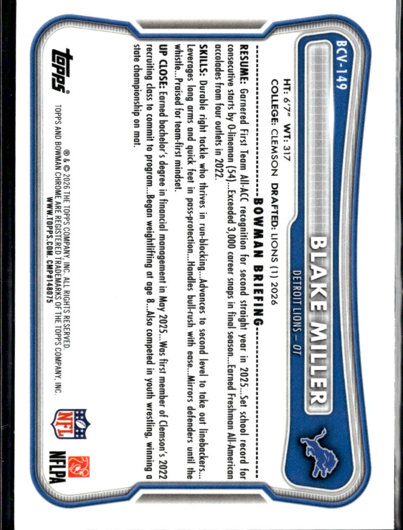Blake Miller 2026 Bowman Chrome Speckle Refractor Rookie RC Detroit Lions