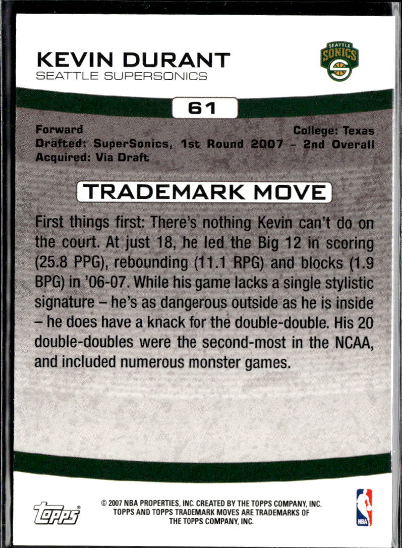 Kevin Durant 2007 Topps Trademark Moves Rookie RC 1690/1999 Seattle SuperSonics
