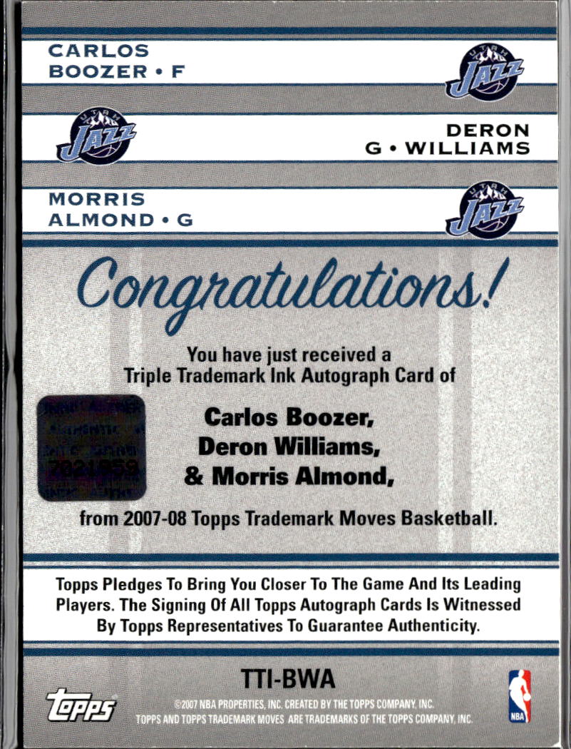 Deron Williams Morris Almond Carlos Boozer 2007 Trademarks Autograph /39 Jazz
