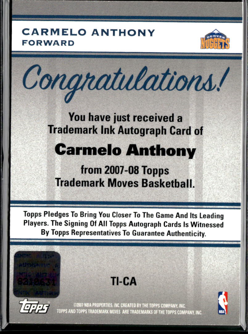 Carmelo Anthony 2007 Topps Trademark Moves Auto Autograph Wood 24/25 Nuggets