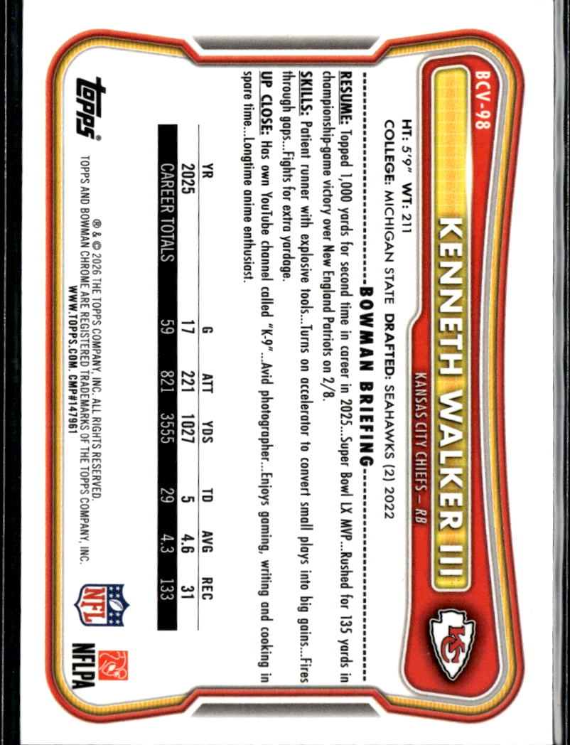 Kenneth Walker III 2026 Bowman Chrome Teal Refractor 19/199 Kansas City Chiefs