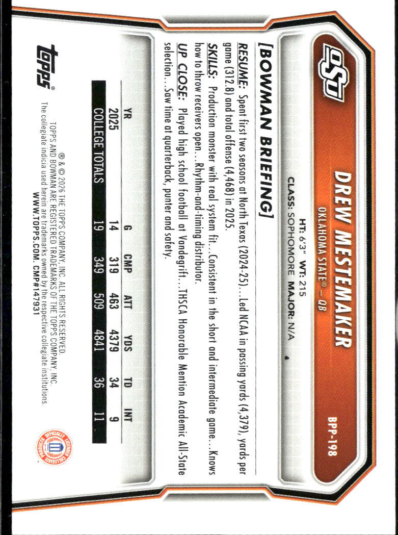 Drew Mestemaker 2026 Bowman 1st Rookie RC Oklahoma State Cowboys