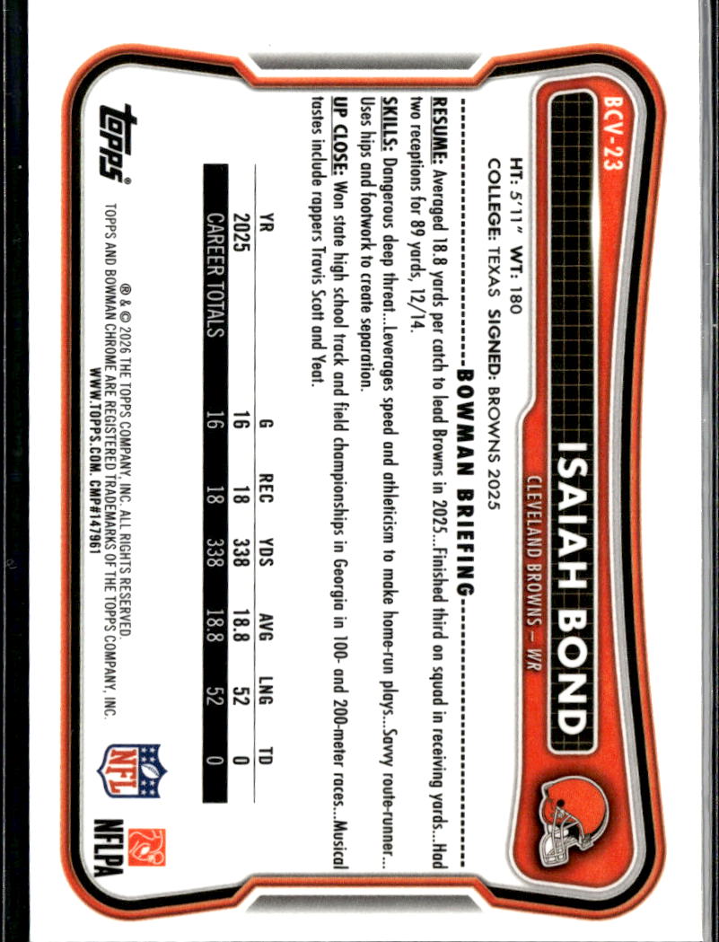 Isaiah Bond 2026 Bowman Chrome Lime Green 226/399 Cleveland Browns