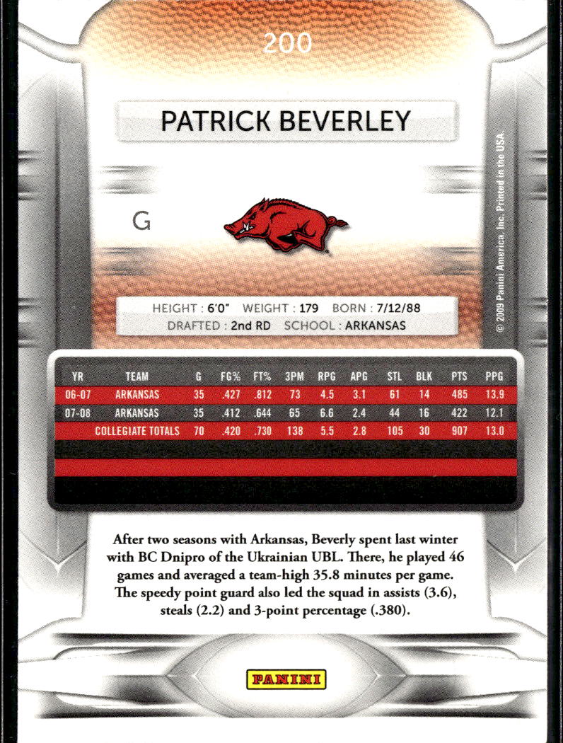 Patrick Beverley 2009 Panini Prestige Rookie RC Arkansas Razorbacks