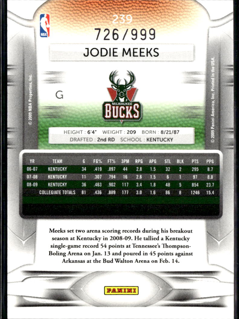 Jodie Meeks 2009 Panini Prestige Rookie RC 726/999 Milwaukee Bucks