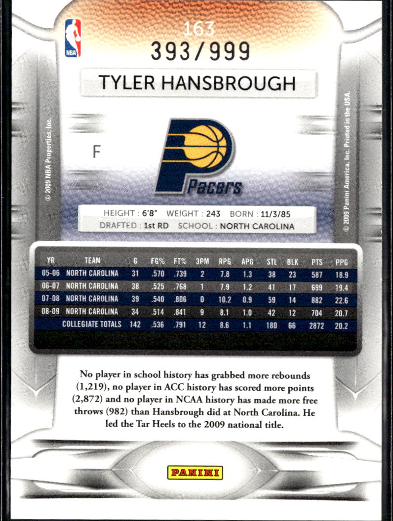 Tyler Hansbrough 2009 Prestige Draft Picks Light Blue RC /999 Indiana Pacers