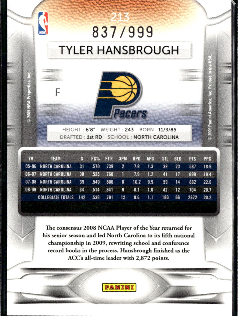Tyler Hansbrough 2009 Prestige Draft Picks Light Blue RC /999 Indiana Pacers