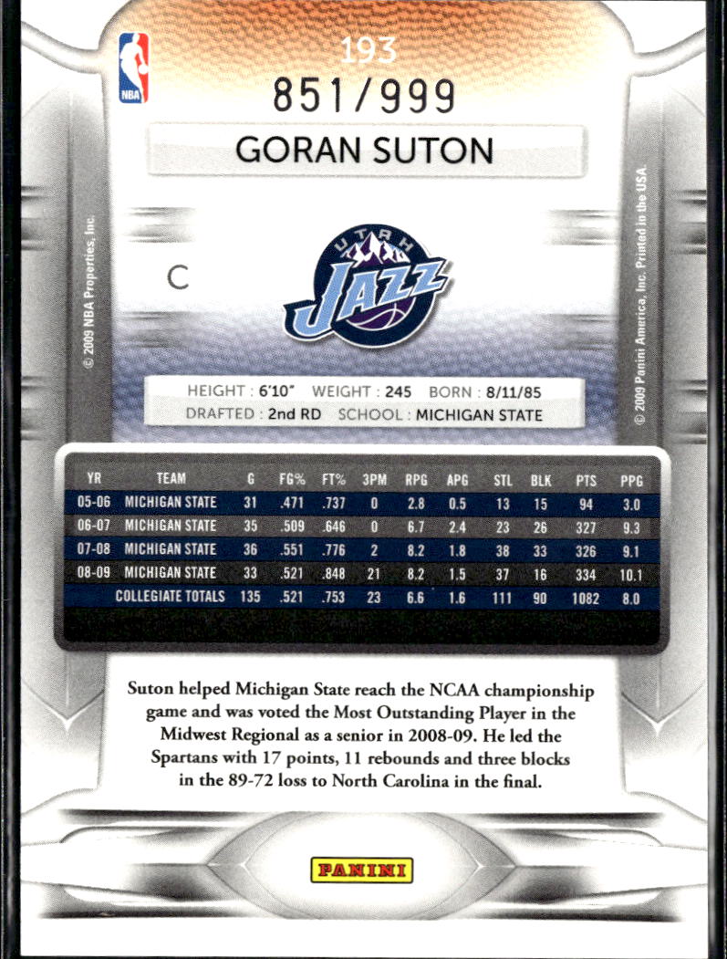 Goran Suton 2009 Panini Prestige Draft Picks Light Blue RC /999 Utah Jazz