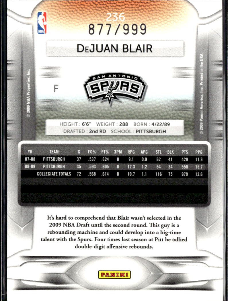 DeJuan Blair 2009 Panini Prestige Draft Picks RC /999 San Antonio Spurs