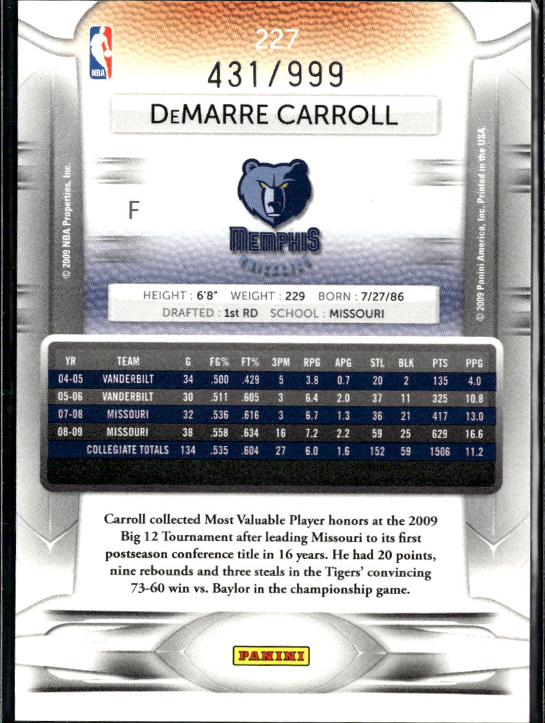 DeMarre Carroll 2009 Prestige Draft Picks Light Blue RC /999 Memphis Grizzlies